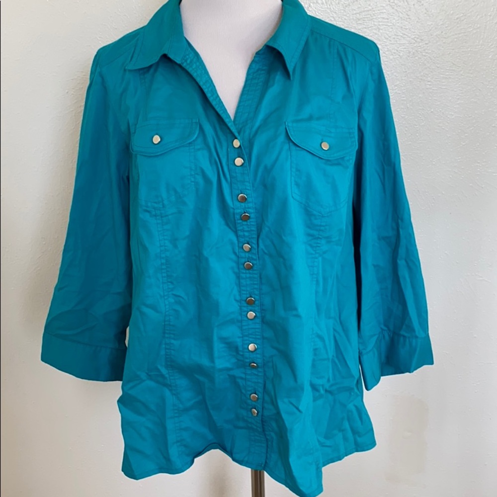 CJ Banks Turquoise Teal Button Down 3/4 Sleeve Shirt Plus 1X